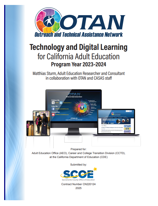 Front cover of OTAN’s Technology and Digital Learning Report for California Adult Education: Program Year 2023–2024